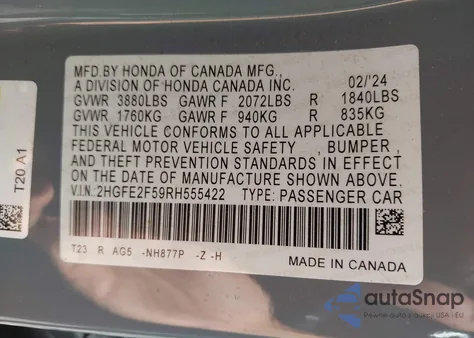 2024 Honda Civic Sport из США, поврежденный, VIN 2HGFE2F59RH555422